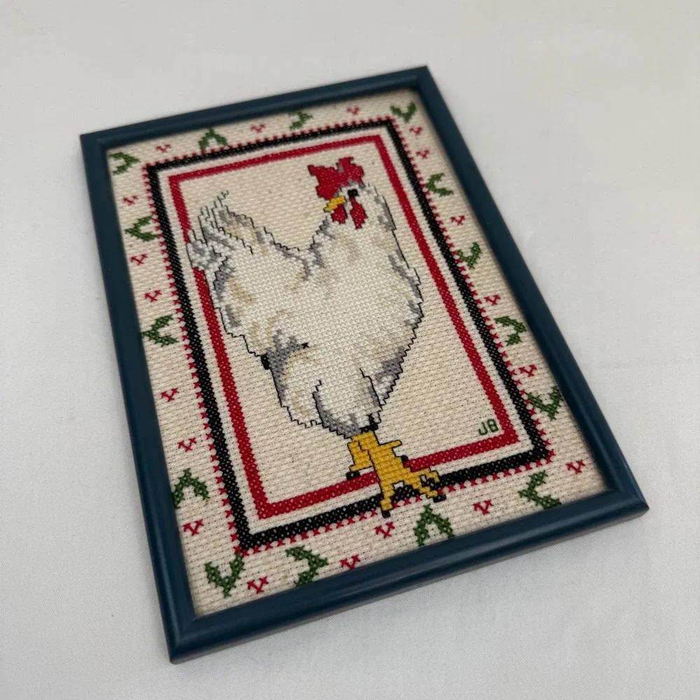Vintage Handmade Framed Rooster Cross Stitch Needlepoint Farmhouse Decor JB